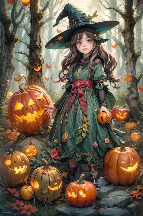 whimsical halloween witch, wear energetic and playful magical costumes, stand in a magical forest filled with colorful magic spl...