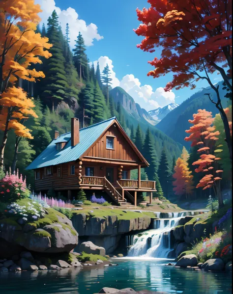 Exaggerated and dynamic scene - cabins, Built on the right side of a small waterfall，This waterfall flows into the lake on the l...