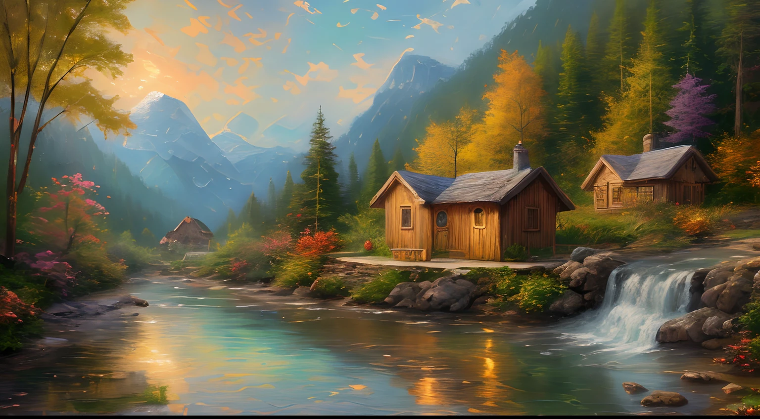 Painting huts and waterfalls in mountain streams, Children playing around the cottage,  4 k oil painting, Beautiful oil matte painting, oil painting 4 k, oil painting 4k, cottage in the forest, Beautiful oil painting on canvas, beautiful digital painting, smooth oil painting, Beautiful art UHD 4 K, 8 K HD detailed oil painting, realisticlying，ultra-realistic realism，oil digital painting, inspired by Thomas Kinkade.