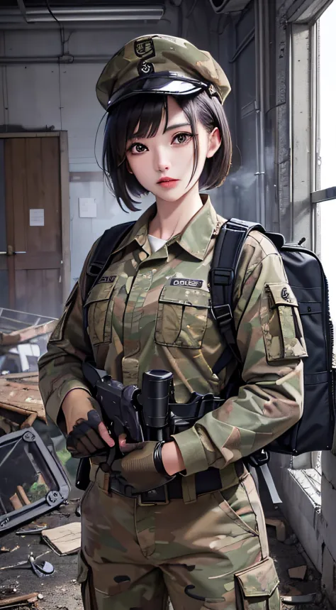 ((tmasterpiece、ultra fine photos、top-quality、超A high resolution、foco nítido、chest circumference))、、beautiful female soldier、deli...