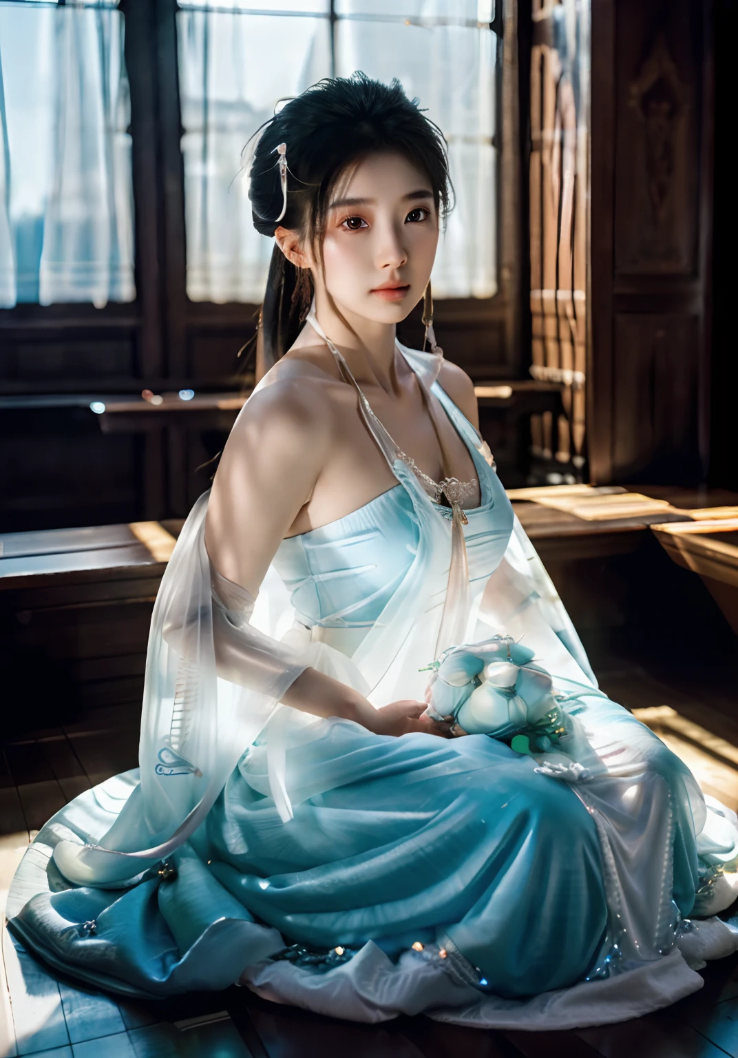 1girl, ((very transparent white hanfu)),(beauty breast)(erotic_), (focuss closeup face), pretty young (Russian) (Asian), (masterpiece), top Chinese model, (aphrodite goddess), detailed face:1.5, privium room, (8k HD graphic, (soft and chill light), best quality detailed ultra highres:1.2 dynamic lighting, artstation, winner photography, volumemetricslighting),
