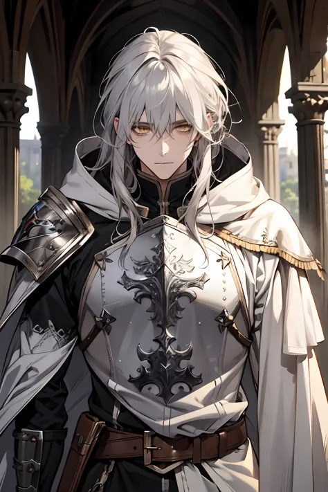 male, messy silver medium length hair with bangs, yellow eyes, adult face, adult, white hood and shroud, breast plate armor, han...
