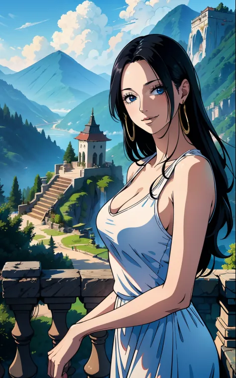 (highres:1.2),smiling woman on a staircase,facing the camera,mountain backdrop,birds chirping,staircase details,soft lighting,photorealistic,painted nails,flowing hair,natural makeup,calm expression,faint smoke ascending,vibrant colors,vivid blue sky,seren...