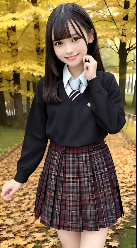 autumn leaves, autumn, beautiful forest,(school uniform:1.2), long sleeve, smile,
very cute ,black hair, shiny hair, bangs, black eyes, happy, pinafore dress,
solo, 1girl,
(masterpiece, best quality, ultra-detailed)
,masterpiece, best quality