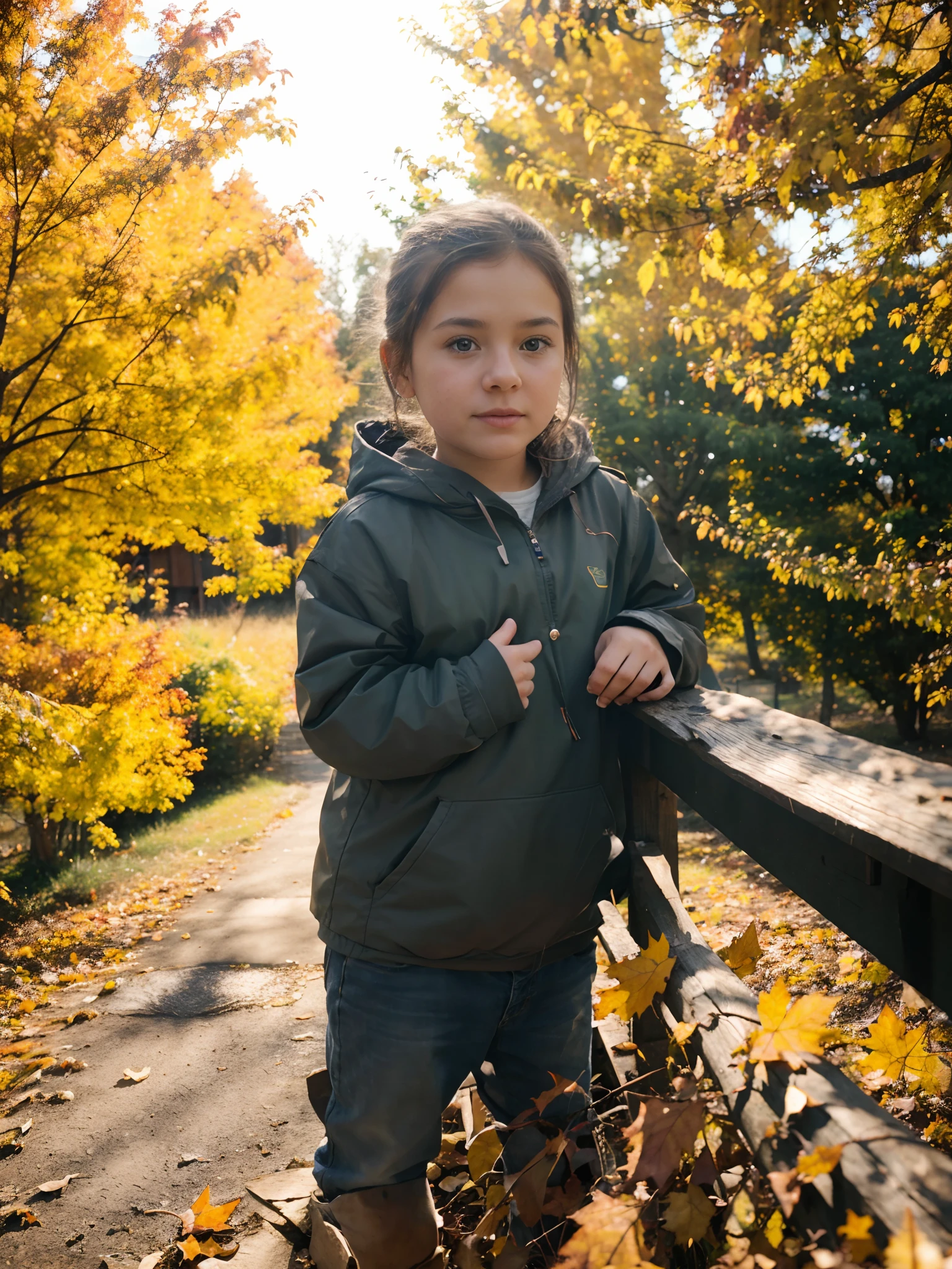 Realistic background, autumn, Detailed leaflets, Background enhancement, real-photo, Drawn Trees, color corrected, real-photo, Improved Background, barn, small girl