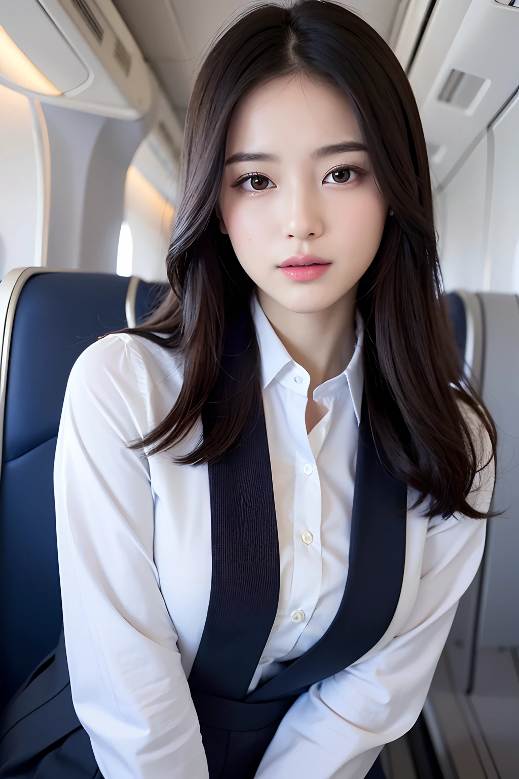 Top Quality, Masterpiece, 8K, Ultra High Definition, (Photorealistic: 1.4), 1 Girl, Beautiful Face, Symmetrical Eyes, Big, Perfect Body Proportions, Stewardess Uniform, Viewer's Look, (Inside the Airplane: 1.2), Front View, Shoulder Jump, Absolute Area (1.3),