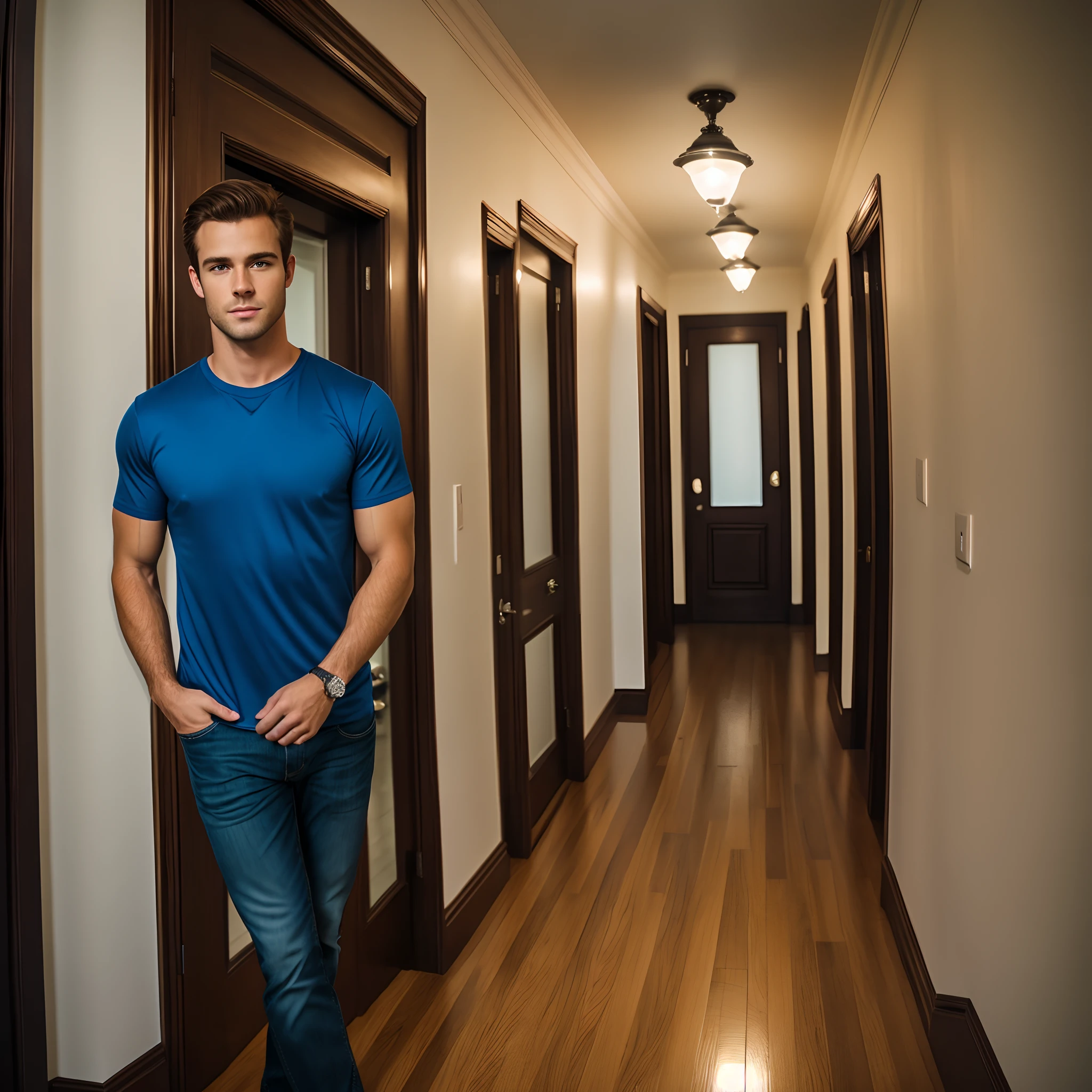 Retrato de um homem caucasiano bonito no corredor, noite, camisa azul, cabelo castanho