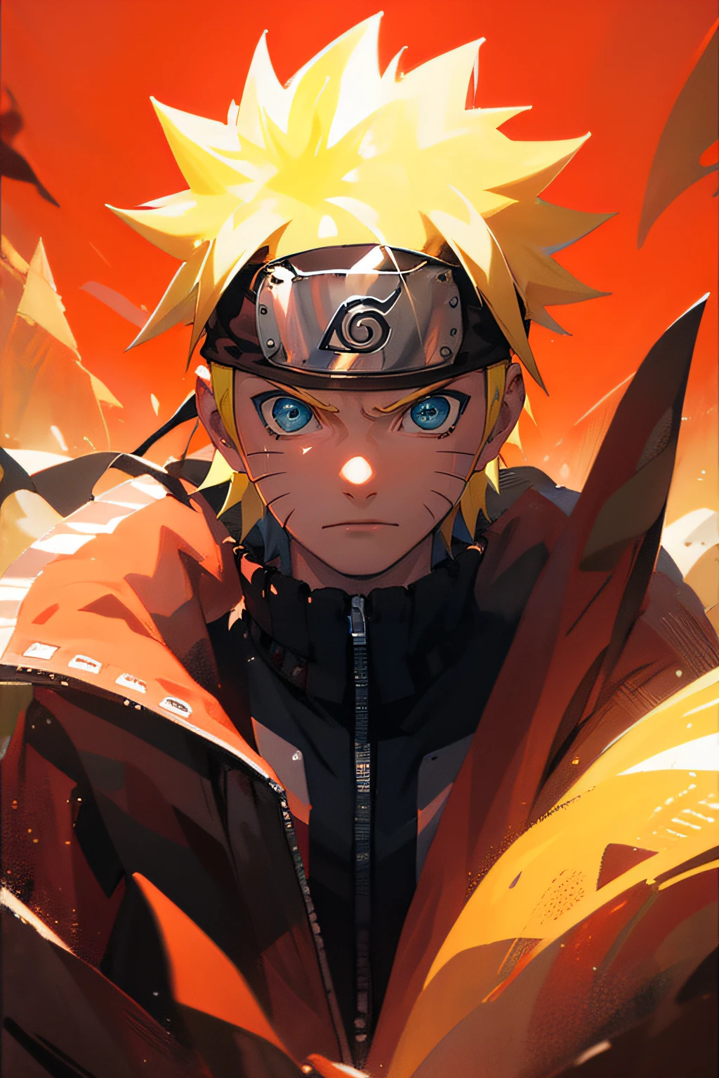 portrait, neon, 1 boy, shonen style, spiky blonde hair, scratches on cheeks, black and red clothing, leather jacket, jeans, boots, bandana, cool, blue eyes, full body, color --name Naruto Uzumaki --desert background with pyramids and camels