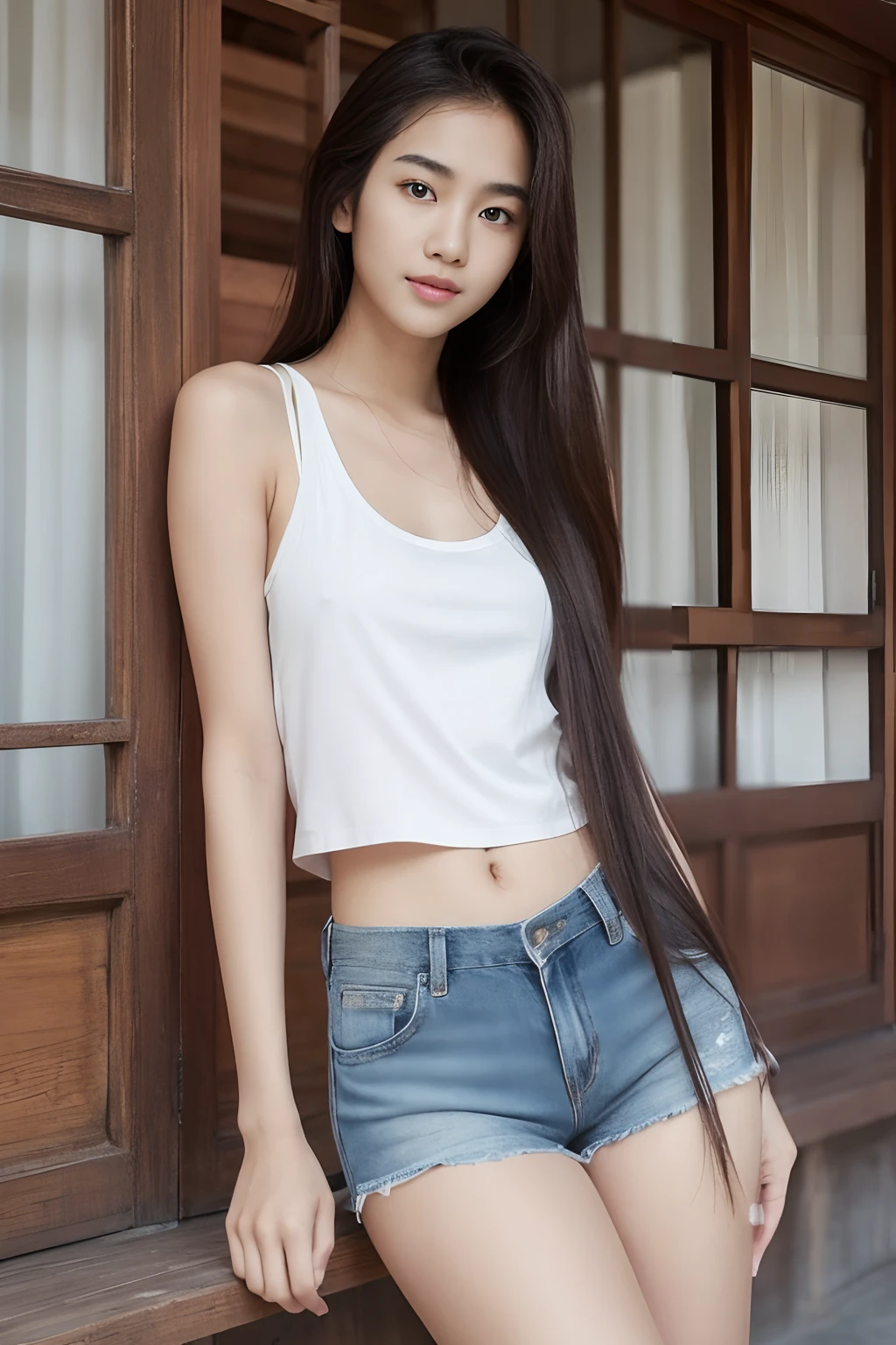 Realistic visuals. Cute thai teen with white long  hair. Tank Top. short pants