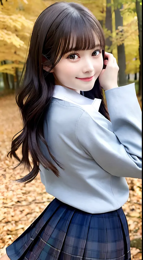 autumn leaves, autumn, beautiful forest,(school uniform:1.2), long sleeve, smile,
very cute ,black hair, shiny hair, bangs, black eyes, happy, sexy,
solo, 1girl,
(masterpiece, best quality, ultra-detailed)
,masterpiece, best quality