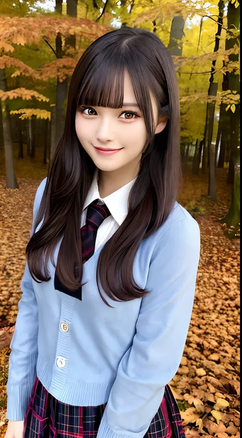 autumn leaves, autumn, beautiful forest,(school uniform:1.2), long sleeve, smile,
very cute ,black hair, shiny hair, bangs, black eyes, happy, sexy,
solo, 1girl,
(masterpiece, best quality, ultra-detailed)
,masterpiece, best quality