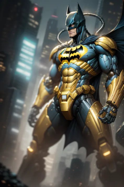 Gold Batman from DC photography, biomechanical, complex robot, full growth, hyper-realistic, insane small details, extremely clean lines, cyberpunk aesthetic, a masterpiece featured on Zbrush Central