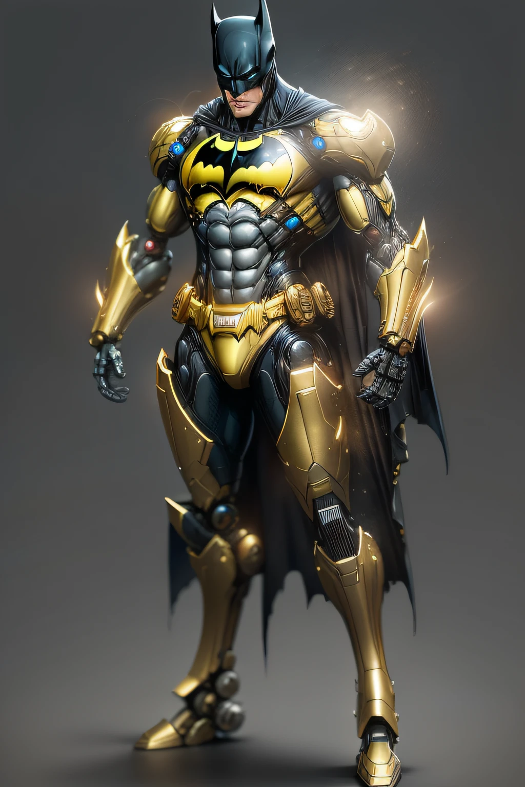 A rendering of a batman character with a golden armor and a black cape ...