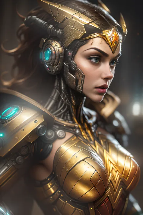 Gold Wonder woman from DC photography, biomechanical, complex robot, full growth, hyper-realistic, insane small details, extreme...