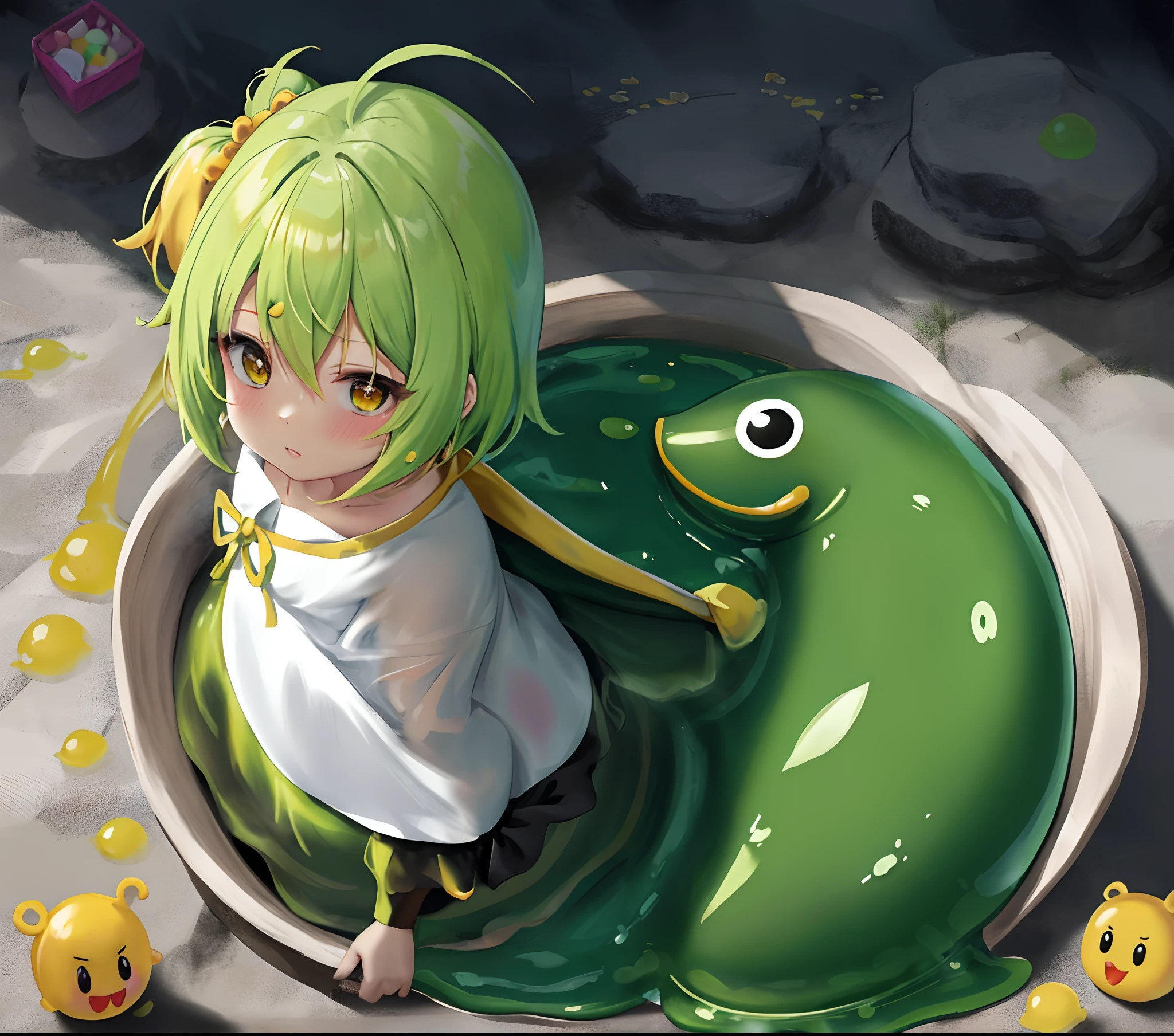 Anime girl sitting in a bowl with a frog and a frog toy - SeaArt AI