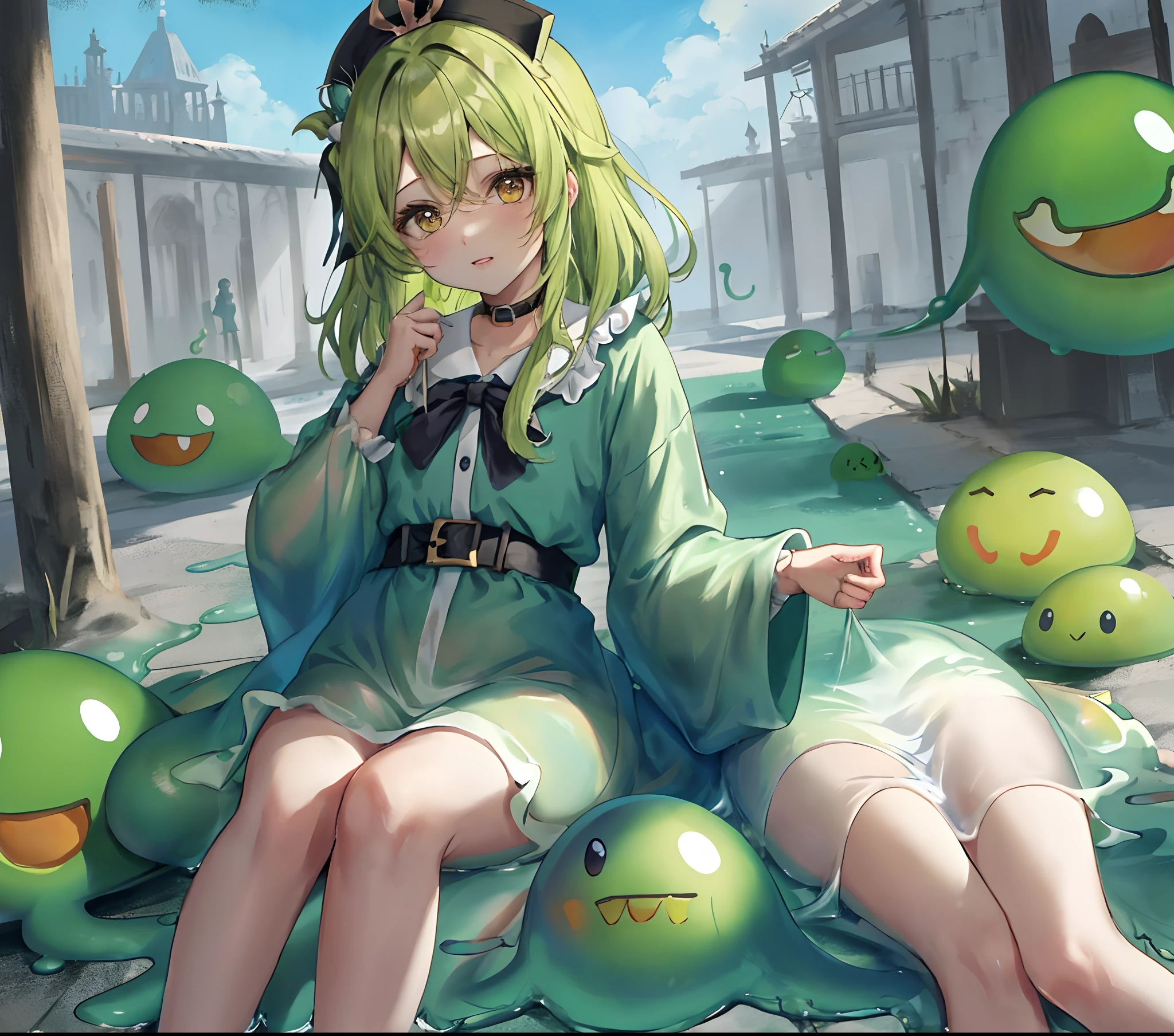 Anime girl sitting on a pile of green balls with a bunch of smiling faces -  SeaArt AI