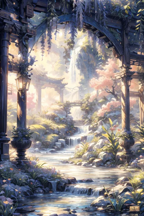 Garden painting with waterfalls and bridges, floral environment, Anime landscape concept art, Anime Background Art, magical envi...