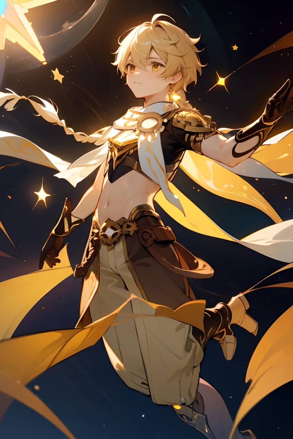 1 boy young man male solo, blond hair with braid, yellow eyes, white scarf with gold details, brown short top, bare belly, wide brown harem pants, high brown boots with golden details, brown gloves, iridescent light, glowing rainbow crystals, sparkles, stars, floating in space, dark background with stars and galaxies, fullbody