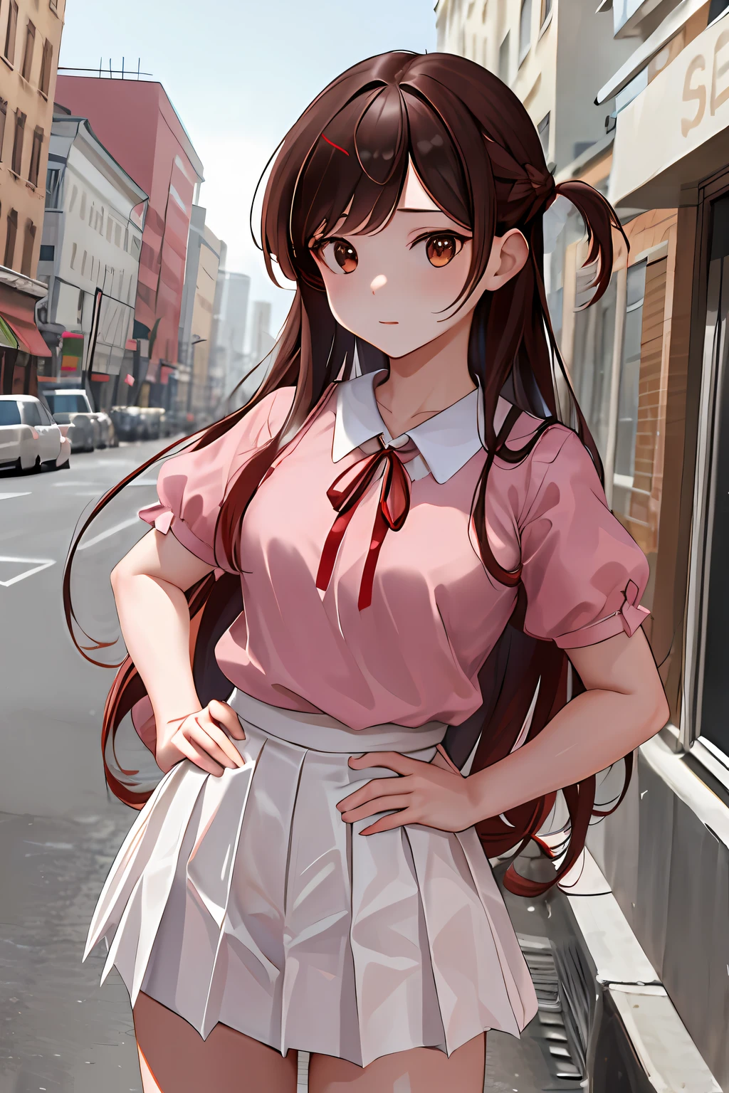 masterpiece, best quality, highres, chi1, 1girl, long hair, braid, one side up, solo, white skirt, red ribbon, pink shirt, pleated skirt, bangs, neck ribbon, puffy short sleeves,  cowboy shot, street, hand on hip,