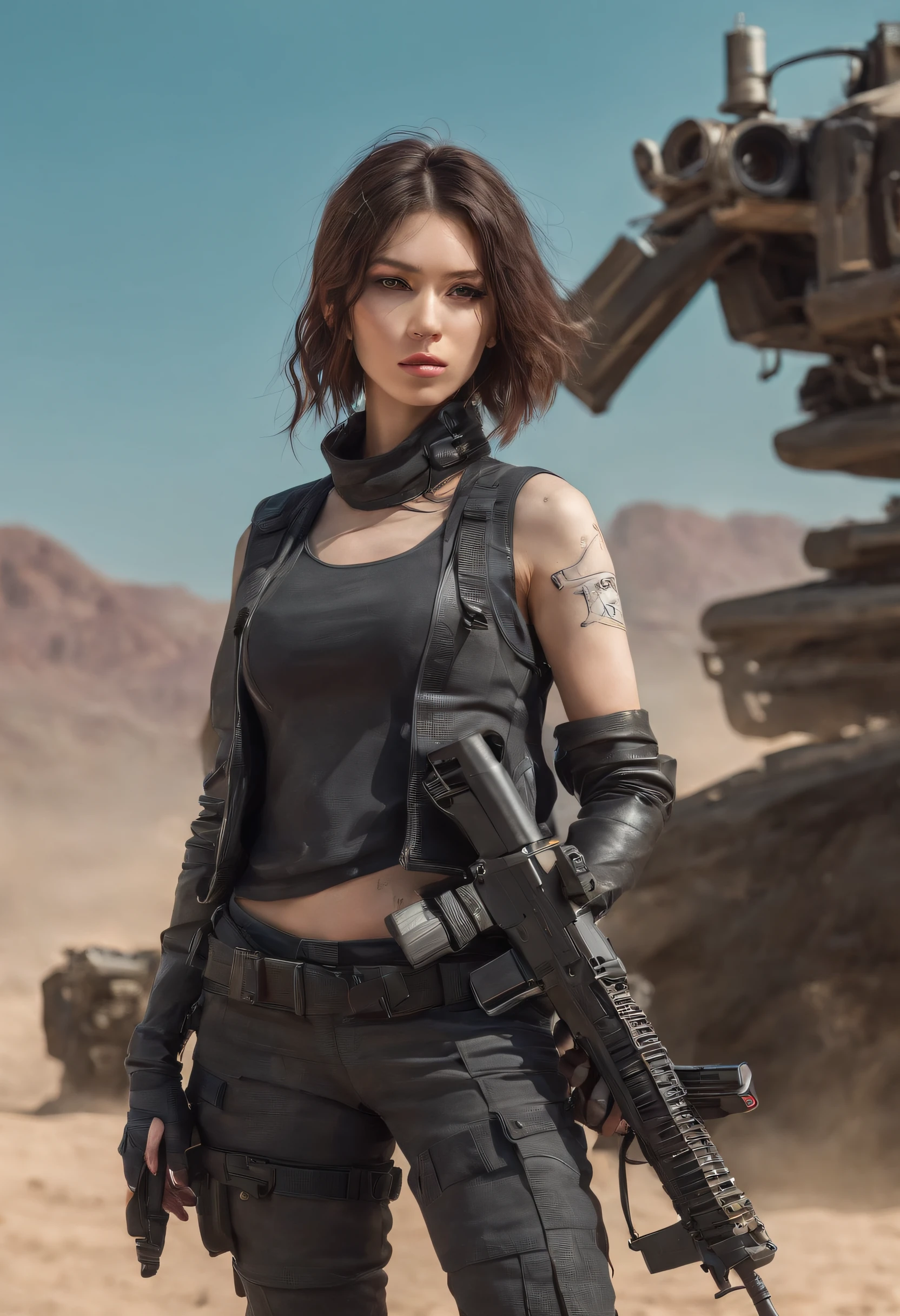 hyper realistic photo of an attractive woman [gunslinger:bounty hunter:0.4] standing in a apocalyptic wilderness, holding a sniper rifle, aiming towards camera in hand, (glitchwave style:1), (top-quality、8K、32K、​masterpiece)、(The ultra -The high-definition)、(Photorealsitic:1.4)、Raw photography, Charming perfect figure, Beautiful and well-groomed face, actionpose:1.2,Detailed cyberpunk fashion, world of Cyberpunk, depth of fields, blurry backround,