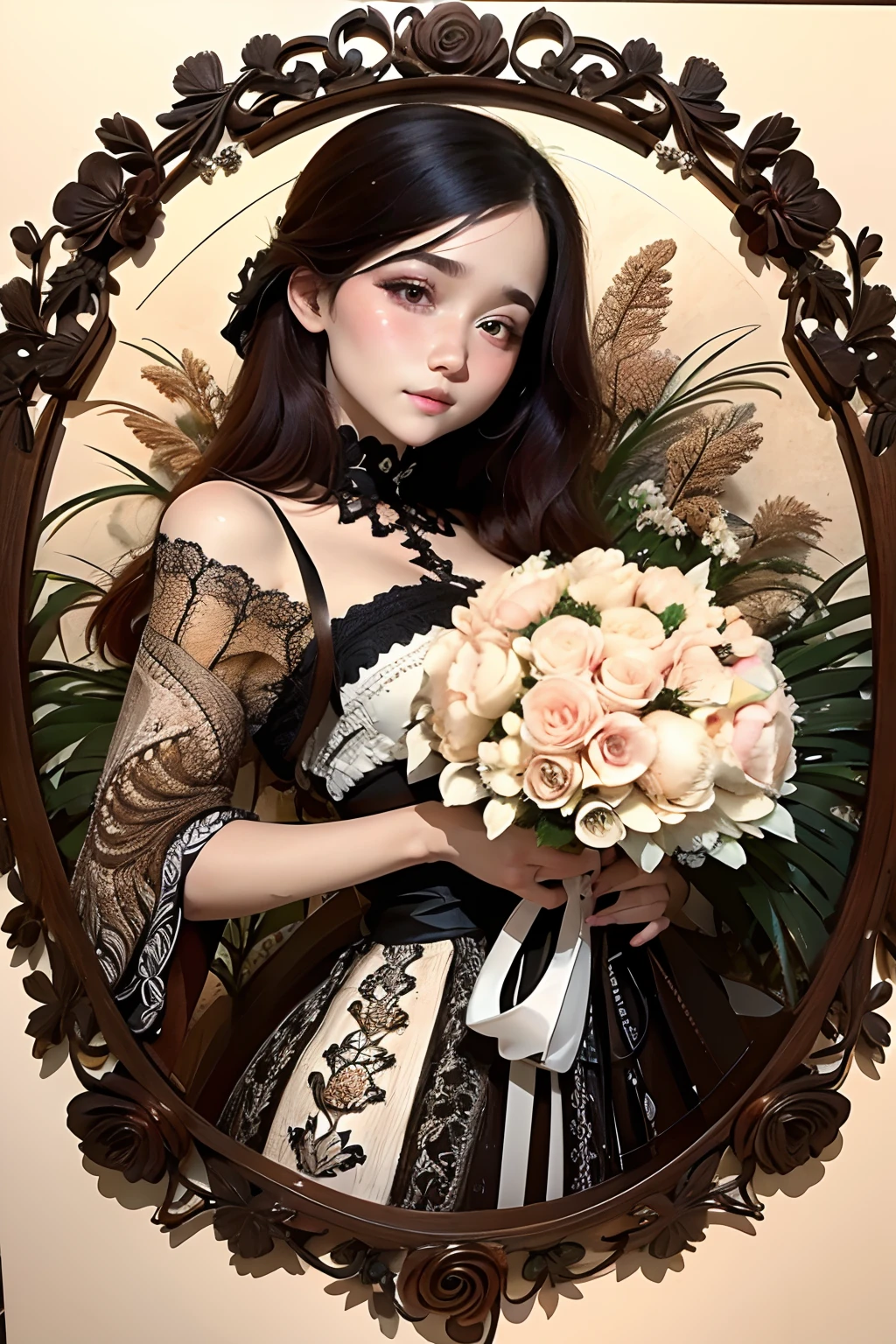 (Ultra detailed backgrounds、detailedbackground)、absurderes、Hi-Res、ultra-detailliert、ighly detailed、1girl in、(Flower bouquet:1.3)、(Zentangle:1.2)、(Geometry:1.2)、(Sepia tone)、