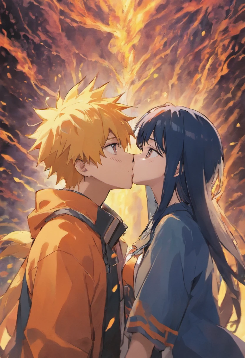 A couple of anime characters kissing in front of a fire - SeaArt AI