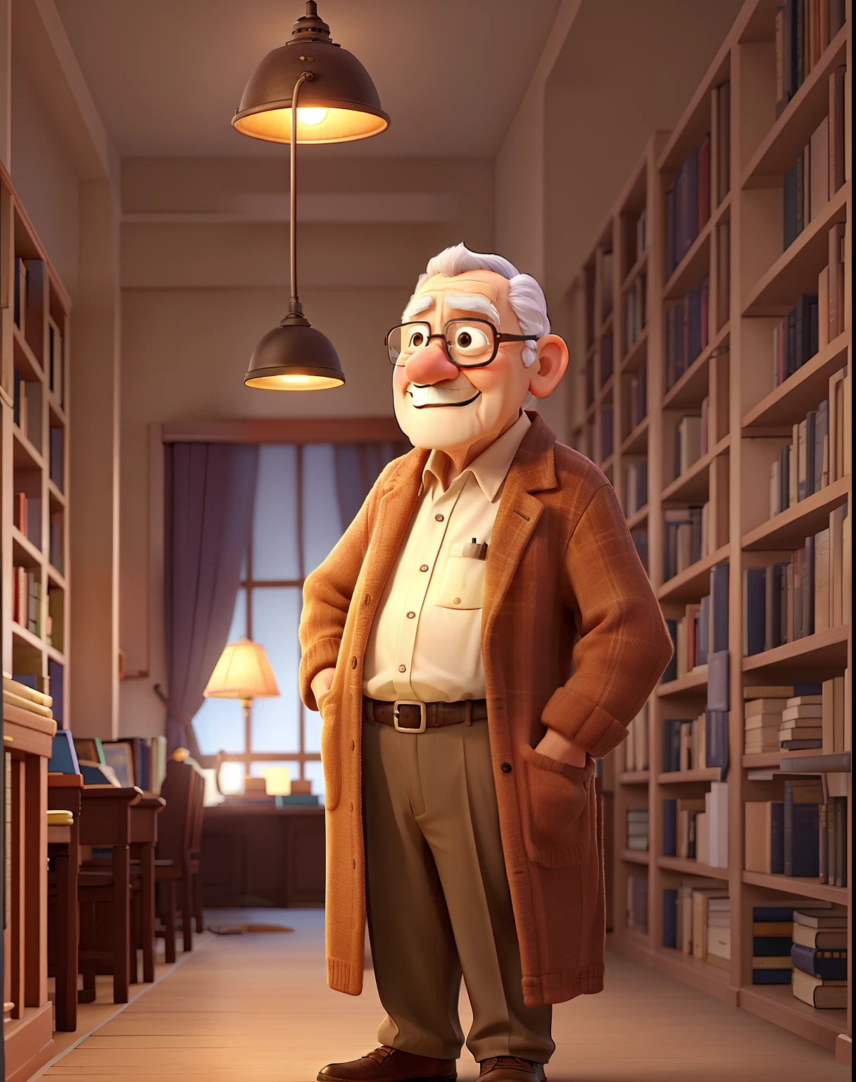 Мудрый старик стоит впереди, освещенный светом лампы, на фоне библиотеки