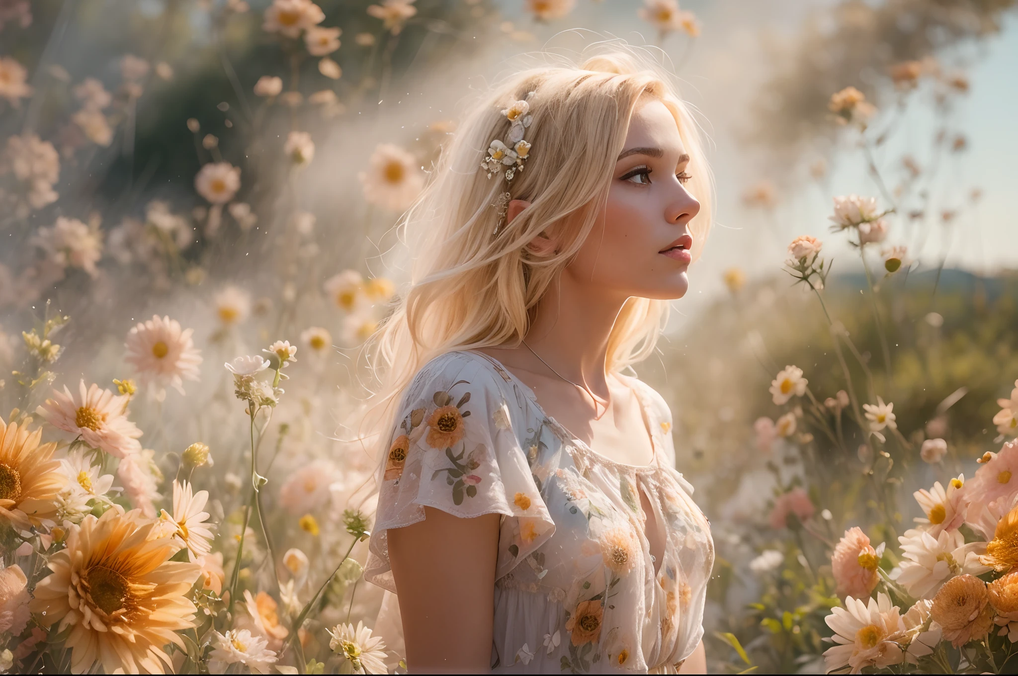 a beautiful blonde young woman, is standing with flower explosion in ...