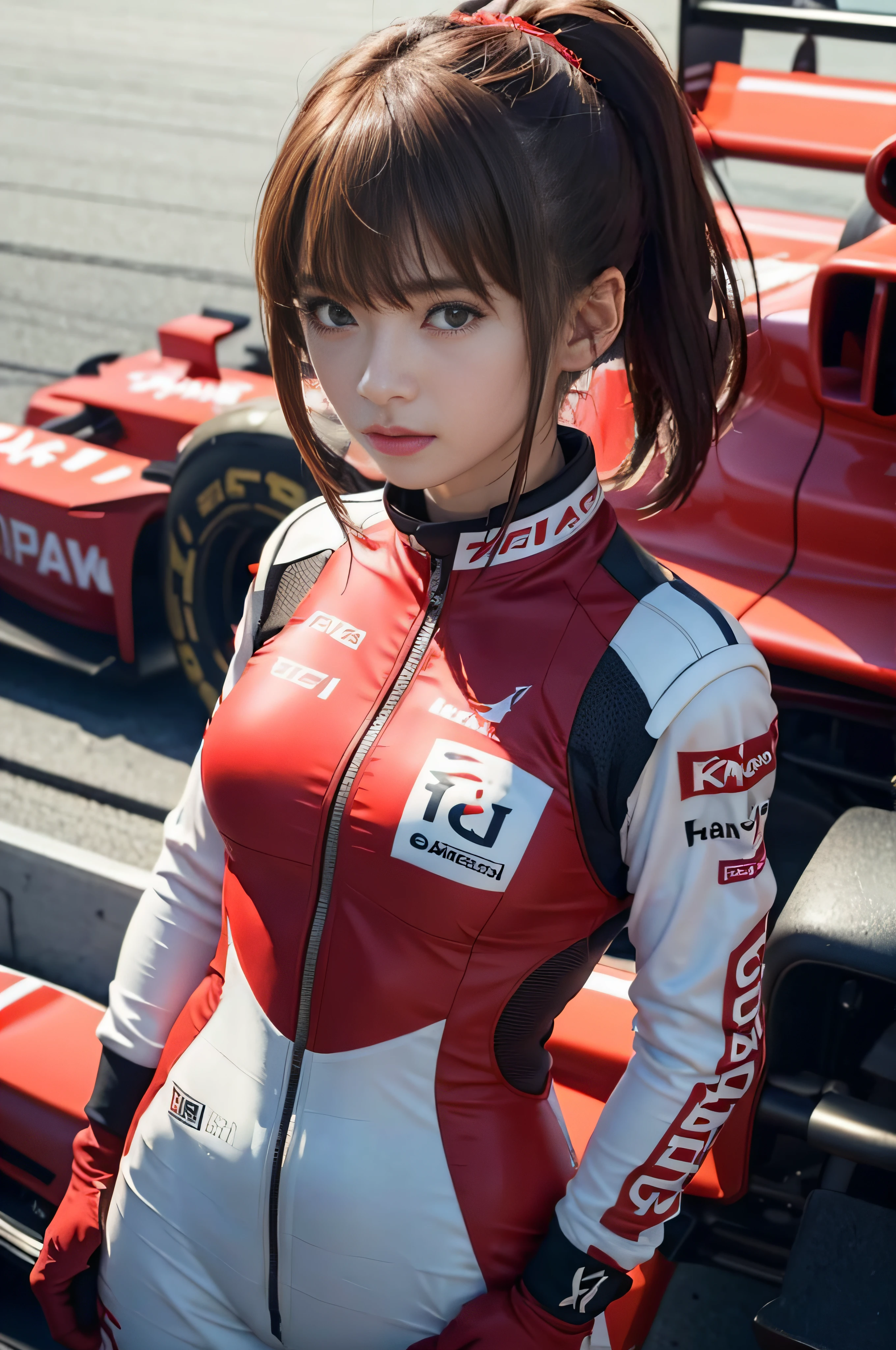 RAW 图像质量、8k分辨率、超高清 CG 图像、身穿红色赛车服的日本女赛车手站在红色方程式赛车前　F1　电路　棕色的头发　短鲍勃　摩纳哥大奖赛　交叉双臂站立　肖像　门廊