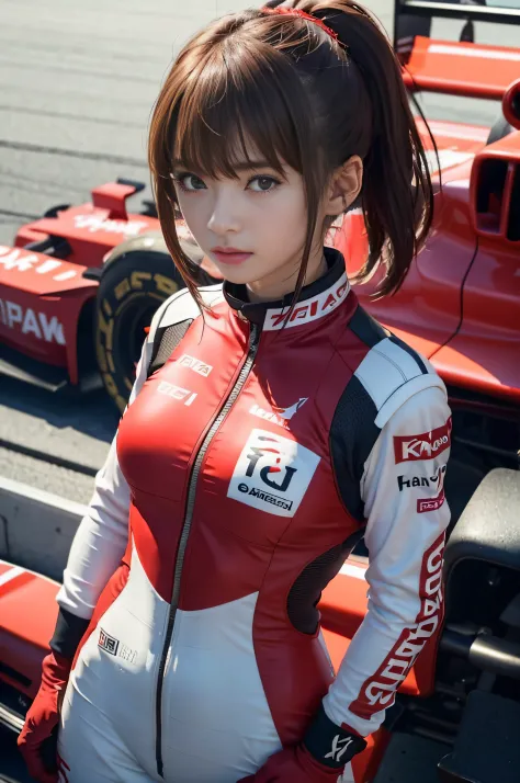 RAW image quality、8K分辨率、Ultra-high-definition CG images、Japan female racer in red racing suit standing in front of red formula c...