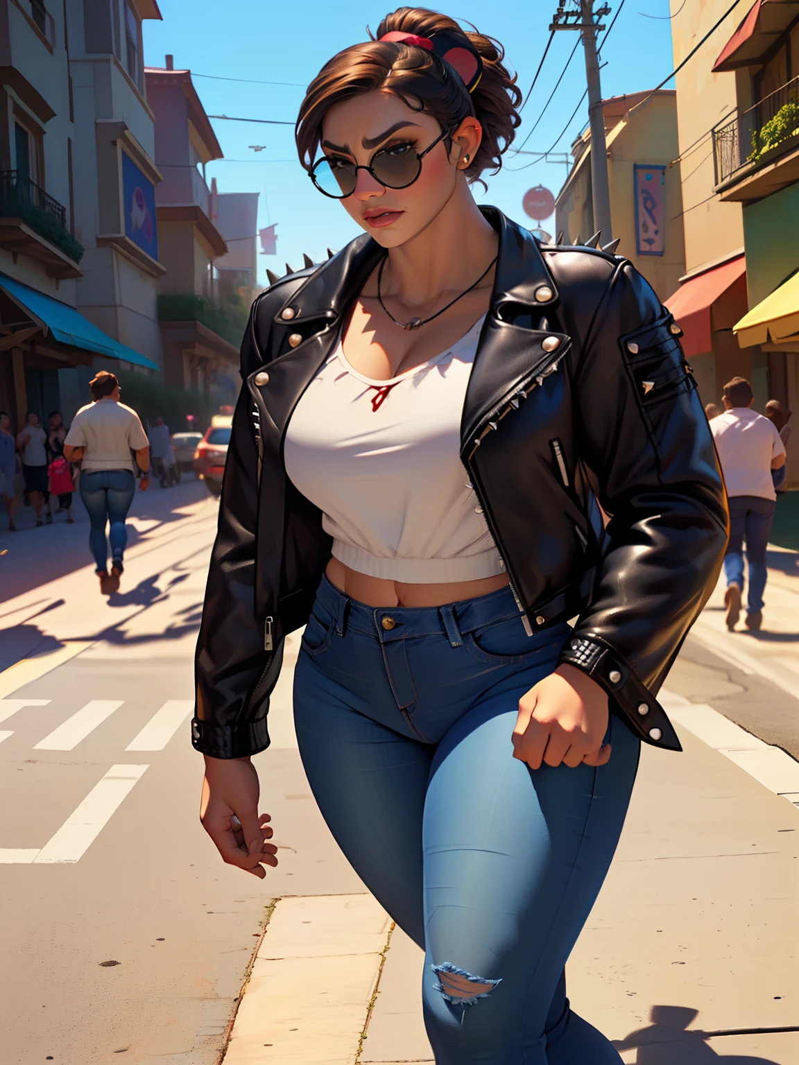 (((Luisa Madrigal from Disney's Enchanto))), ((wearing a black sunglasses)), perfect hands, smooth face, ((wide shoulder)), perfect legs, perfect skin, curvy body, toned skin, (((wearing a biker jacket with spikes on shoulder)), a very crowded street, perfect thighs, (((muscular woman))), ((wearing a long jeans)),