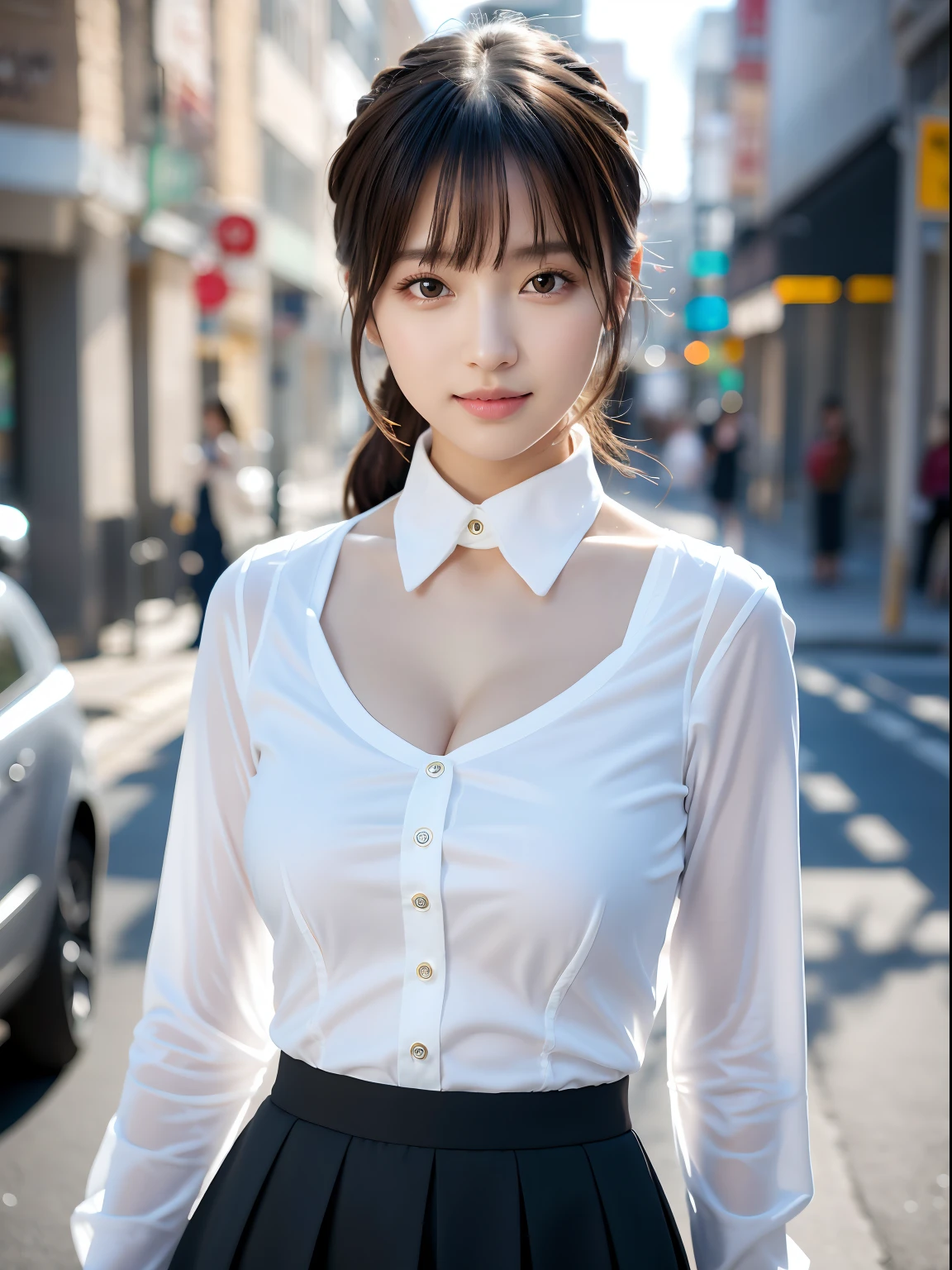 (masutepiece:1.3), (8K, Photorealistic, Raw photo, Best Quality: 1.4), Japanese, (1girl in), Beautiful face, (Realistic face), (Black hair), Beautiful hairstyle, Realistic eyes, Beautiful detailed eyes, (Realistic skin), Beautiful skin, Attractive, 超A high resolution, A hyper-realistic, Highly detailed, Golden ratio、 Show from the hips to the shoulders, Beautiful detailed skin, (Cute:1.2), (Black hair), ((JPOP Idol)), (upper thigh:0.6), (depth of fields),Soft light, Lens Glow, Looking at Viewer, (drooping eyes:1.2), Straight teeth,Smile, Floating hair, (a blond:1.2), Brown eyes, Movie Scene, Cinematic, fulcolor, 4K, 8K, 16 K, Raw photo, masutepiece, professionally color graded, Professional Photography, cleavage,High School Girl, Hair UP, Think,(Sweat,Sigh)1.2,(blush,Open mouth)1.3,soft clean focus, Realistic lighting and shading, (an extremely delicate and beautiful art)1.3, Elegant,Active Angle,Dynamism Pose, Photorealistic, (One pretty girl:1.1), hight resolution, ultraclear, Sharp Focus, ,Cosplay, slim, Sheer white cloth,White hair, High Ponytail, (Off-White Damask Long Sleeve Shirt Dress:1.3), (Thom Brown Design Dress:1.4), (hyper detailed background, Detail Background: 1.3), Bokeh, depth of fields, China City Street, No one in the background,(Skirt flipping、Pink panty:1.1)
