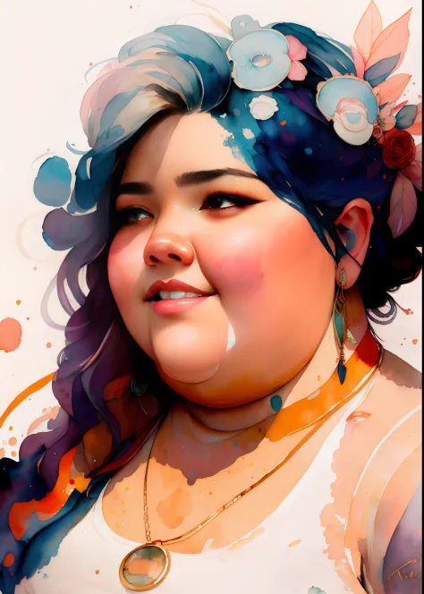 wtrcolor style, Digital art of (chubby woman), official art, frontal, smiling, masterpiece, Beautiful, ((watercolor)), face pain...