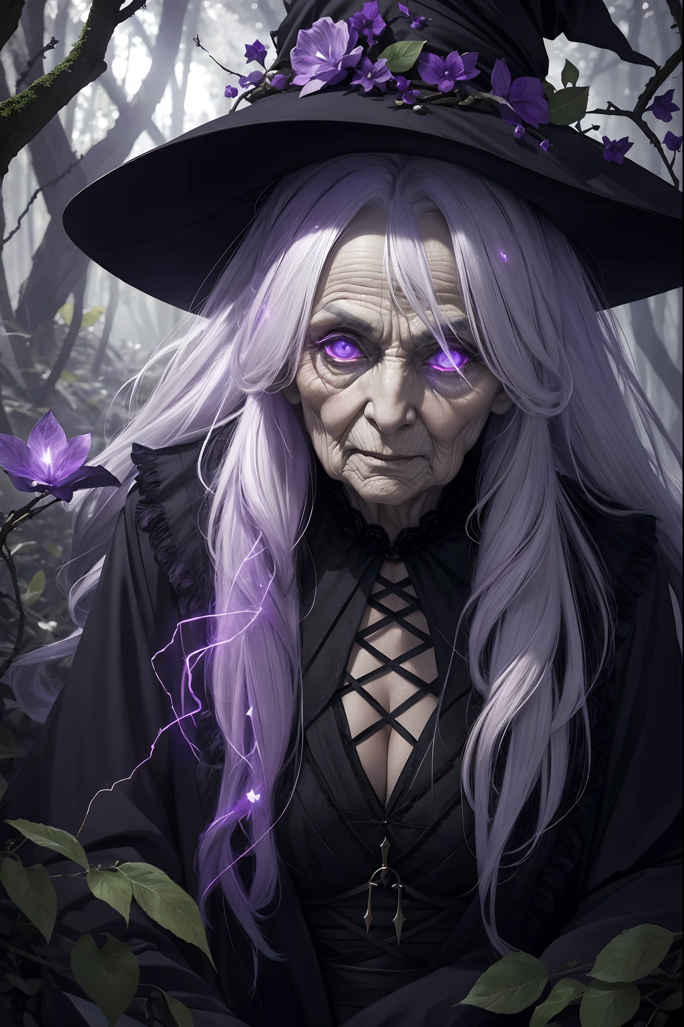 Witch with purple eyes and purple hair in a forest - SeaArt AI