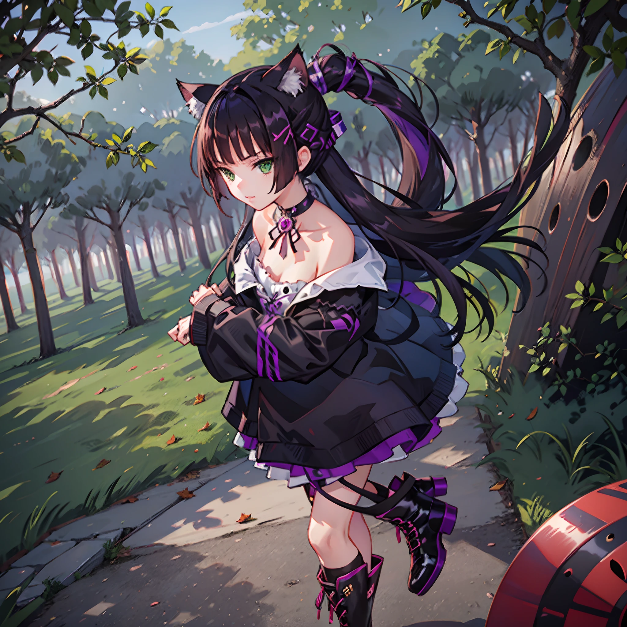 Cheshire Cat, metallic chocker, long hair, medium hair, purple hair, animal ears, cat ears original, 1girl, (solo), scenery, scene, red trees, forest, lake, autumn,