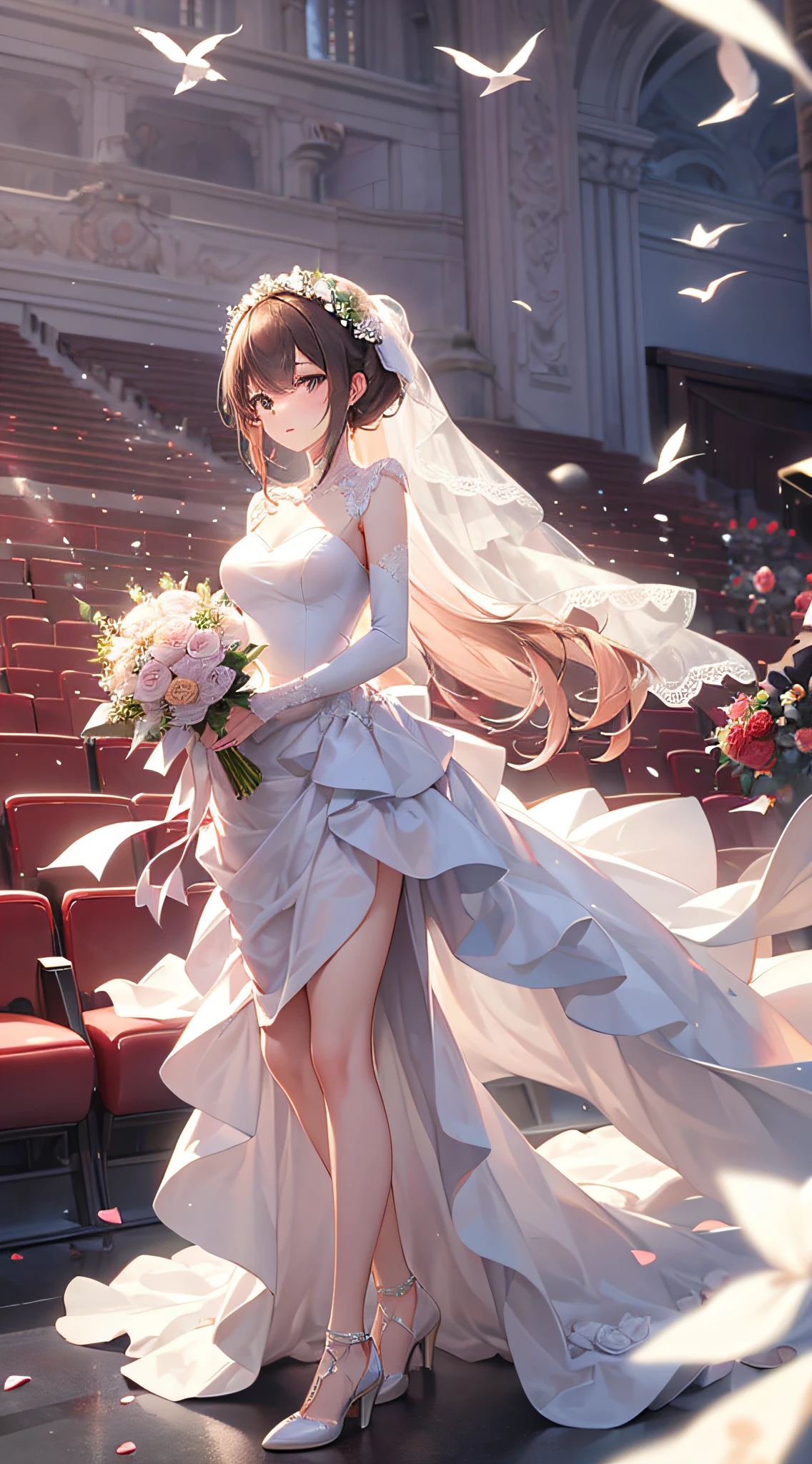 свадебное платье，актовый зал，Летающие белые голуби，Держу букет роз，божественный