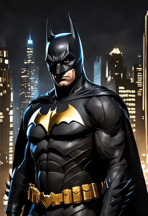 (high resolution) Detailed illustration of Batman in a dark cityscape, dressed in his iconic black and gold Batsuit, with a stern expression on his face [batman],[detailed illustration],[dark cityscape],[suit iconic],[ severe expression]. The artwork shoul...