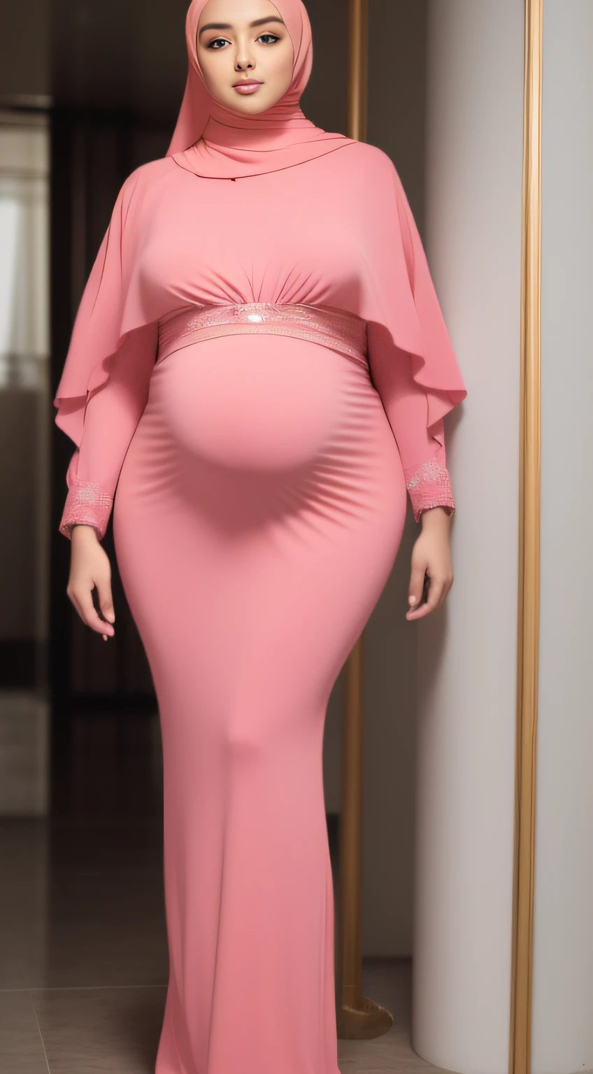 A pregnant woman in a pink dress standing in a hallway - SeaArt AI