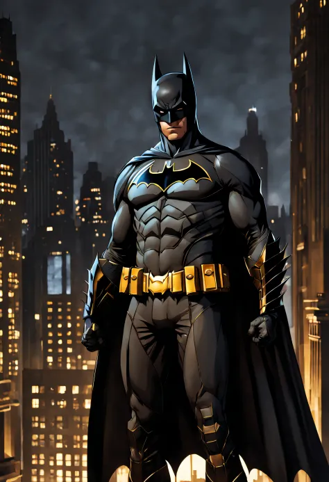(high resolution) Detailed illustration of Batman in a dark cityscape, dressed in his iconic black and gold Batsuit, with a stern expression on his face [batman],[detailed illustration],[dark cityscape],[suit iconic],[ severe expression]. The artwork shoul...