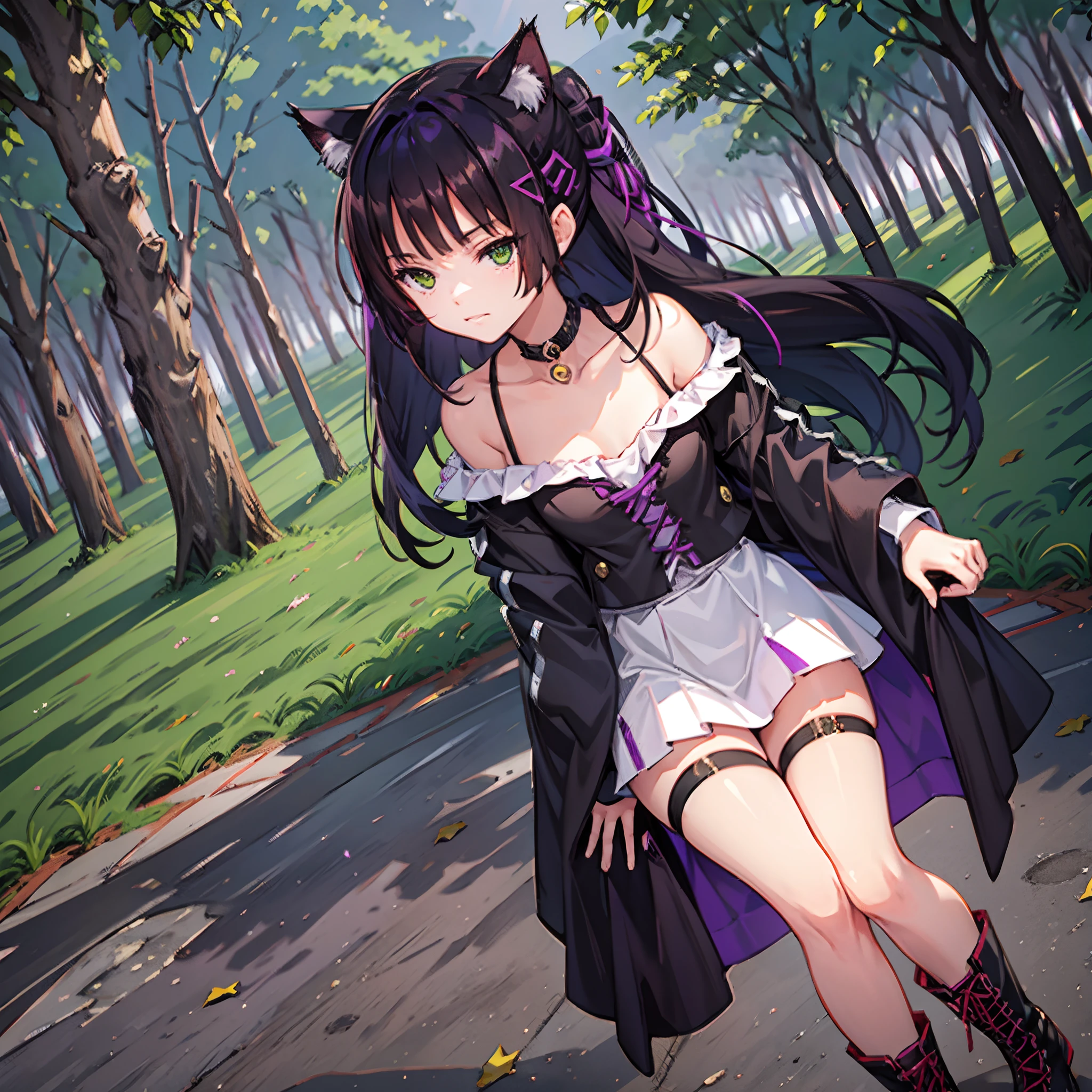 Cheshire Cat, metallic chocker, long hair, medium hair, purple hair, animal ears, cat ears original, 1girl, (solo), scenery, scene, red trees, forest, lake, autumn,