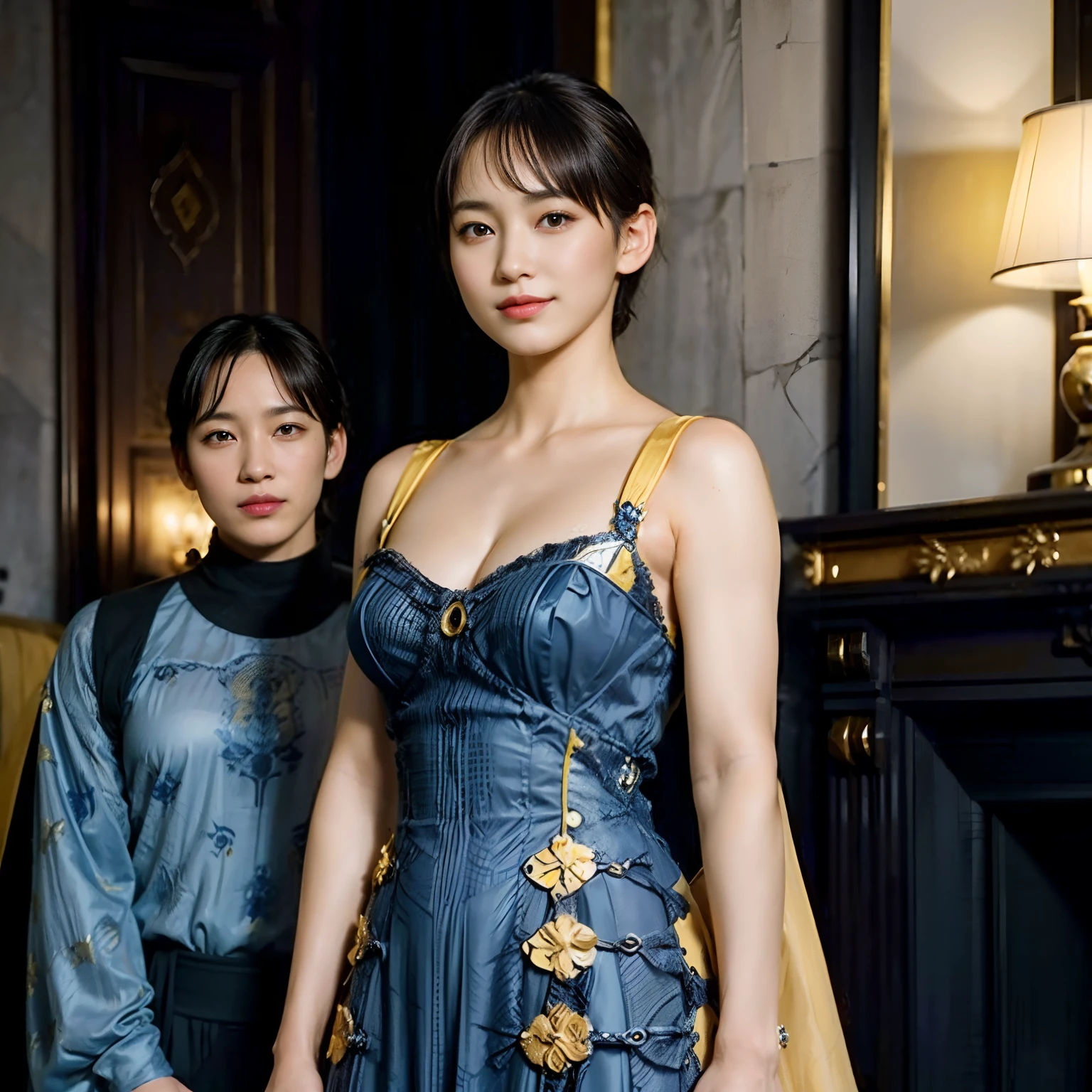 77
(20-year-old princess,is standing), (A hyper-realistic), (masutepiece), ((short-hair:1.46)), (Smooth black hair), (Breast:1.0), (kindly smile:0.9), (Luxurious dress in blue and yellow:1.46), Majestic Palace, Orange Lipstick