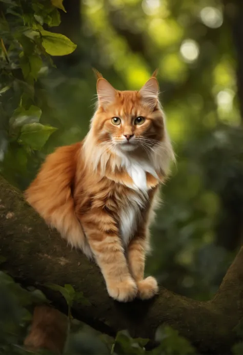 (best quality,high-res,ultra-detailed),Maine coon cat color orange tabby with some parts on color white,in a lush and vibrant forest,with a beam of light filtering through the dense foliage,gothic-inspired banana tree in the foreground,exquisitely detailed...
