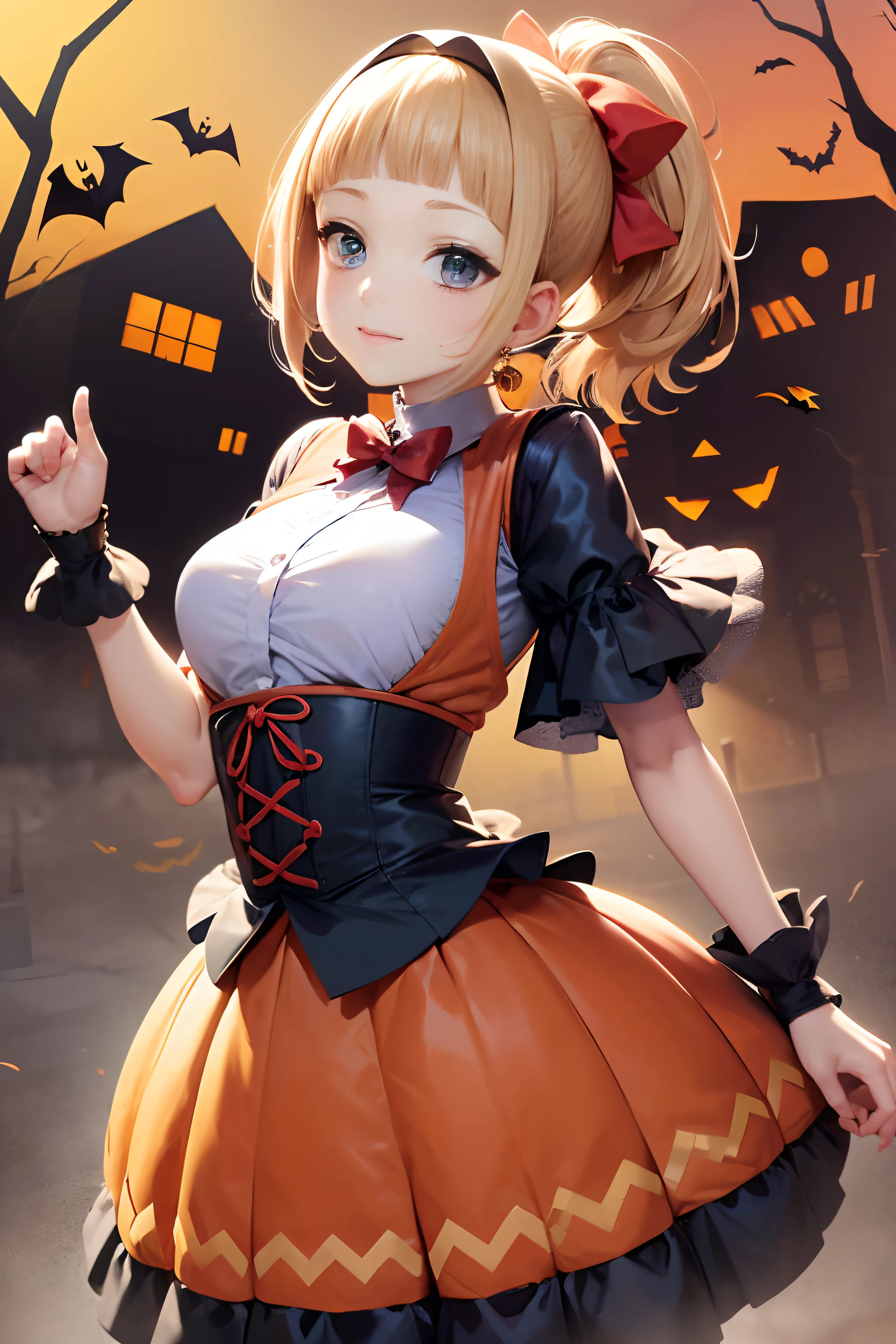 Halloween, ((Halloween Costumes:1.5)), ((skirt by the:1.5)), BREAK, very detailed face and eyes, ((Kyoto Animation Style)), super precision, ​masterpiece, very extremely beautiful, Princess Face,  shorth hair, Straight hair, a blond, ((Short ponytail:1.5)), ((Straight bangs:1.5)), ((hime-cut:1.5)), Blue eyes, ((medium breasts)), BREAK, Red ribbons, cowboy  shot, dynamicposes, gland, A slight smil, frombelow, shrines, chapel, is standing, frombelow, a closed mouth, kawaii faces,