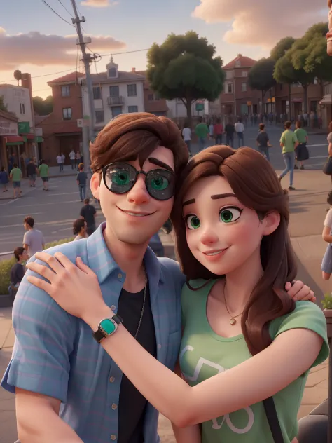 they are posing for a picture in a crowded area with people, leaked photo, leaked image, lovely couple, with sunset, 8k selfie photograph, friends 90 tv show, cartoon, perfect eyes, perfect color disney pixar, realistic, perfect color disney pixar, realist...