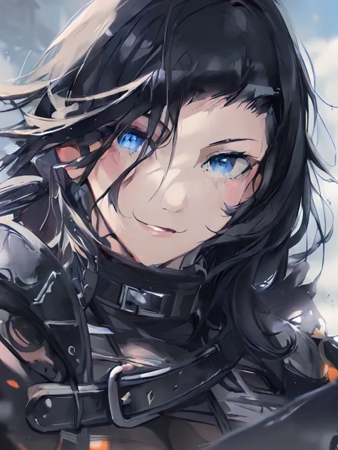 anime girl with blue eyes and black hair in a black outfit, detailed digital anime art, detailed anime character art, crisp clea...