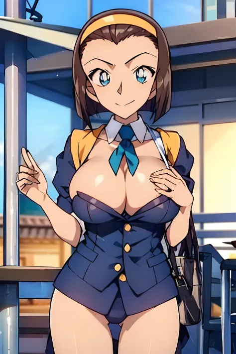 look at viewr, anime styled、Colossal tits、large full breasts、cleavage of the breast、one girls、shairband、Forehead、Bob Hair、Brown hair、Sparkling eyes、Blue eyes、Lively eyes、A smile、A face with plenty of room to spare、Superiority、up chest、up chest、which are fu...