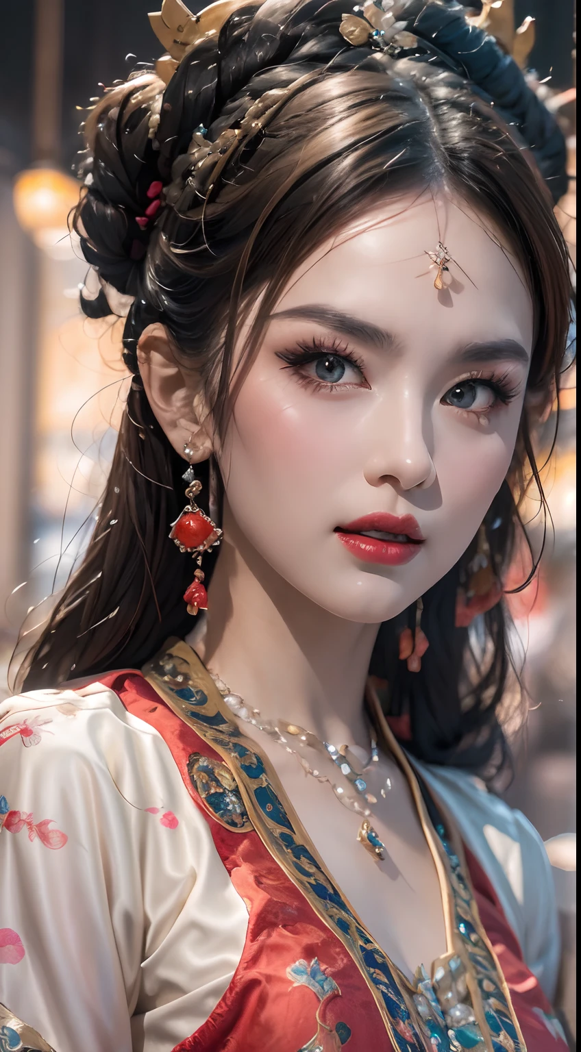 20岁圣人的美丽画像, 穿着一件薄薄的彩色丝绸连衣裙, Beautiful 脸 without blemishes, ((自然的微笑:0.3)), 嘴巴闭合, ((7色头发长度:1.2)), 大王冠, 发饰, 汉服, 中国古风, 全身配件, 额头上的纹身, 超平胸, 脸, 红唇, 精致的粉色和白色眼睛 (白色与细节) 電影, 光与暗, 戏剧灯光, 神奇的光芒, 极其细致的灯光, 本色, 超级锋利, 实际的, 8K 画质, 奇幻宇宙背景, 圣人和魔法空间, 最详细的图像, 展览照片, 获奖, 引人注目的明亮色调效果,