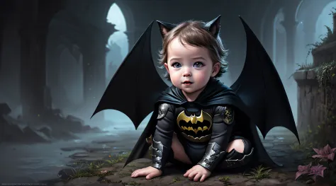 (high quality, fantasy, beautiful detailed illustration, digital painting) a baby Batman .
