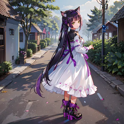 cheshire cat, metallic chocker, long hair, medium hair, purple hair, animal ears, cat ears original, 1girl, (solo), scenery, sce...