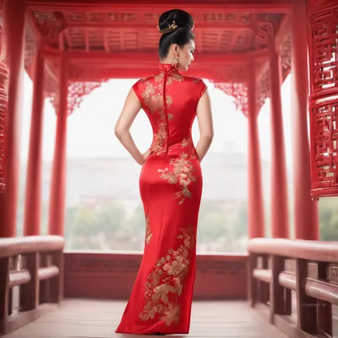 Beautiful model in a gorgeous slim-fitting red cheongsam，Voluptuous and sexy，The background is on the catwalk
